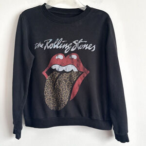 The Rolling Stones Sweatshirt Womens S Crop Leopard‎ Print Tongue Graphic Black